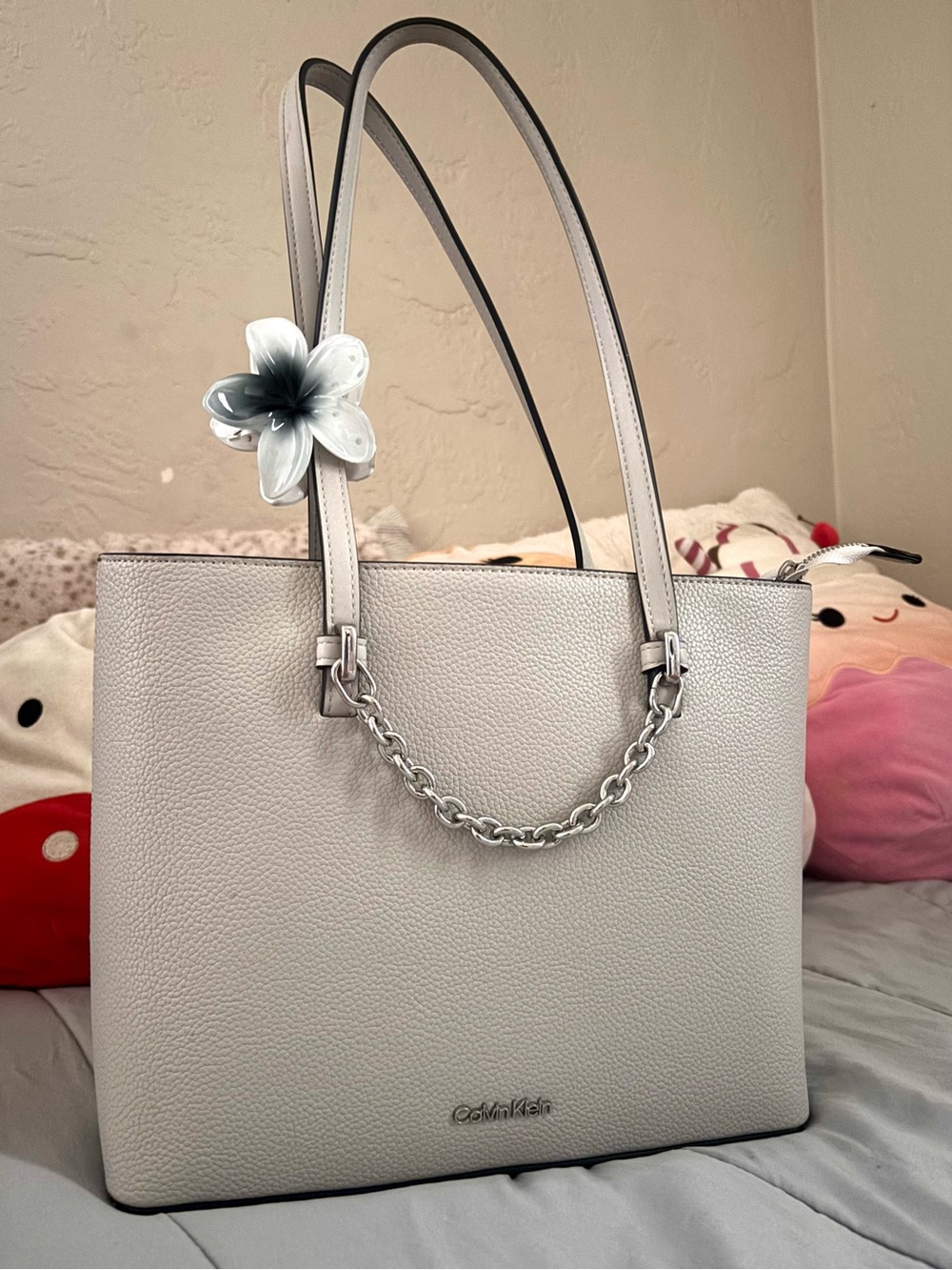 Calvin Klein Pebbled Leather Tote in Light Gray with Silver Chain